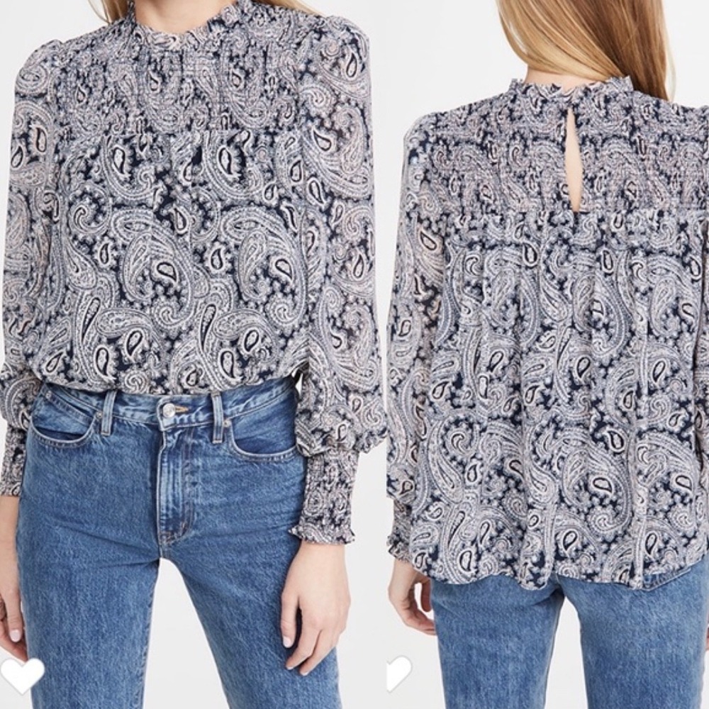 Cinq à Sept Stephanie Paisley Smocked Long Sleeve Blouse Navy Size S
